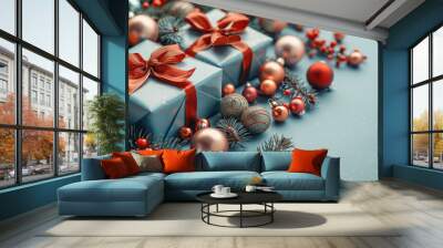 Festive Christmas Morning Gift and Ornament Display Wall mural