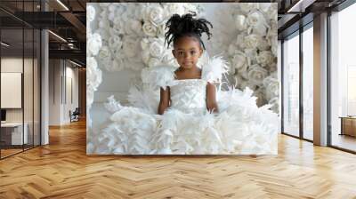 Portrait of a little African girl posing in a studio in a white wedding dress with feathers, fashion photography Wall mural