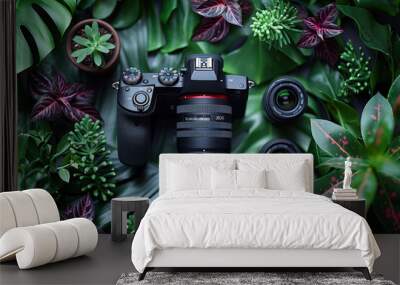 Professional Camera with Two Lenses in a Lush Greenery Setting Wall mural