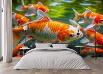 Koi Fish Swimming in Green Water, Close Up, Colorful Fish, Aquatic Life, Koi, Fish, Pond Wall mural