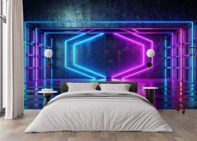 Neon Hexagon Portal in Grungy Room, 3D Rendering, Cyberpunk, Retro Future, Futuristic Architecture , cyberpunk , neon Wall mural