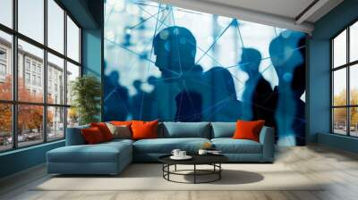 Silhouettes of People Behind Shattered Glass, Blue Bokeh Background, Digital Art, Network, Connection, Technology Wall mural