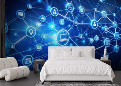 Tech Connect Dynamic Network of Interconnected Icons in Blue Hues, Futuristic Digital Illustration for Business, Data Flow, and Technology Concept Wall mural