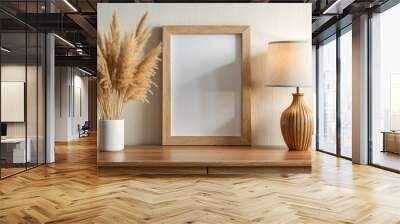 Wooden Tabletop with Pampas Grass and Lamp, Home Decor, Interior Design, Interior Styling Wall mural