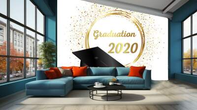 congratulations on graduation, realistic graduation hat, greeting banner, postcard, concept, graduation 2020, golden glitter, vector Wall mural