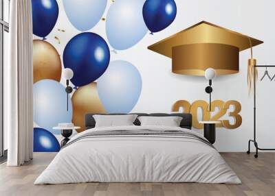 Congratulations on your graduation from school. Class of 2023. Graduation cap, confetti and balloons. Congratulatory banner. Academy of Education School of Learning Wall mural