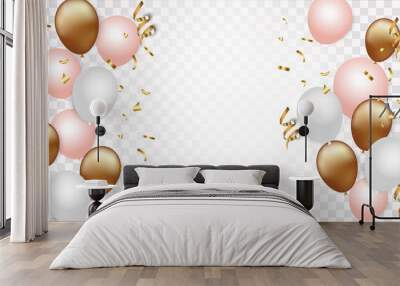 Festive banner with gold confetti and balloons on a transparent background. Universal colors Wall mural