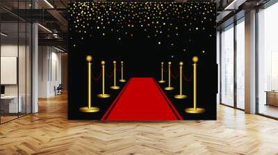 Red carpet and golden barriers. Luxurious holiday. Grand opening. Shiny fence on a transparent background. Wall mural