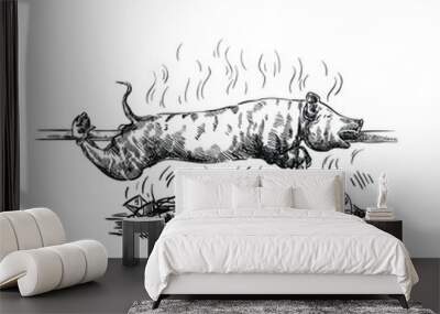 the pig is cooked on coals and rotates on a skewer. vector sketch on a white Wall mural