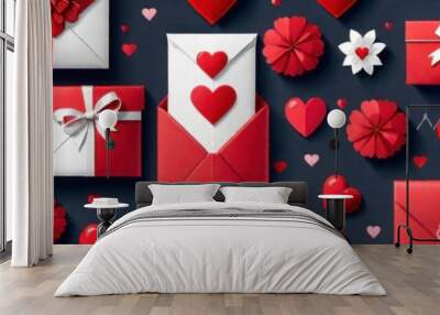 Abstract banner for Valentine's Day or Women's Day gifts and hearts in 3D style in red and white colors on dark background Wall mural