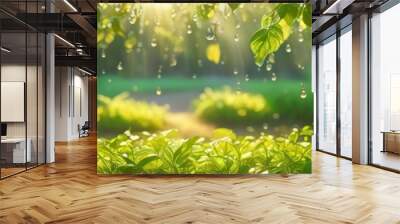 Abstract colorful blurred illustration sun rays breaking through leaves on spring and summer morning, ecology theme, blurred bokeh background	 Wall mural