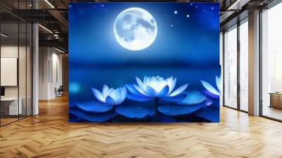 Abstract colorful illustration of lotuses in moonlight, blurred bokeh background for social media banner, website and for your design, space for text.	 Wall mural