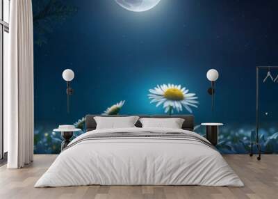 Banner for World Environment Day, daisy flower in moonlight on a night glade. Background for poster, banner, social media, place for text Wall mural