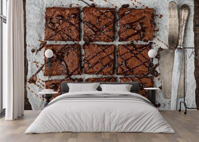 Brownie. Homemade cake with chocolate and caramel. American dessert. Top view Wall mural