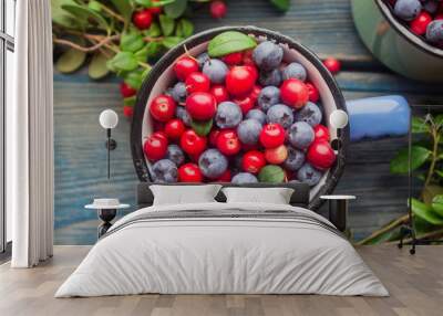 ripe forest berries - cranberries and blueberries Wall mural