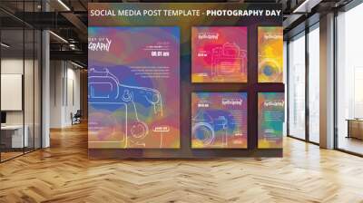 Colorful social media post template with hand drawn of camera for photography day campaign Wall mural