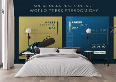 Set of social media post template in gold and blue square background for world press freedom day Wall mural