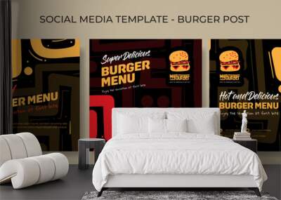 Set of social media post template in hand drawn line background design with burger icon Wall mural