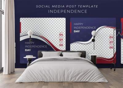 Set of social media post template with blue red and white background for US independence day design Wall mural