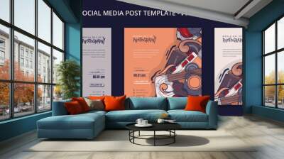 Set of social media post template with camera in doodle art for photography day campaign Wall mural