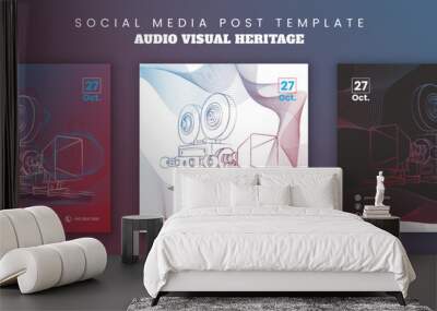 Set of social media post template with line art of video camera with flying lines design Wall mural