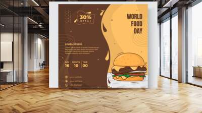 Social media template in yellow and brown background with cartoon burger for world post day design Wall mural