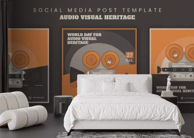 social media template with vintage video camera in cartoon design for audio visual heritage Day Wall mural