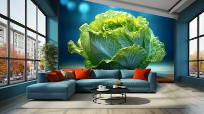 A fresh and vibrant lettuce leaf on a wooden table. Generative ai Wall mural