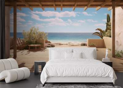 A serene ocean view from a cozy covered porch. Generative ai Wall mural