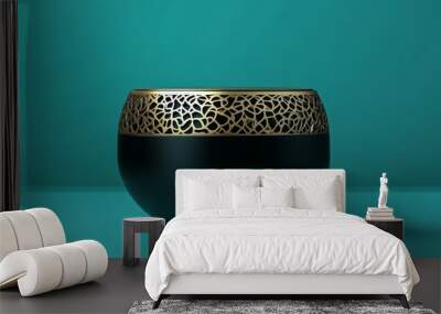 Black and gold decorative bowl on teal Wall mural