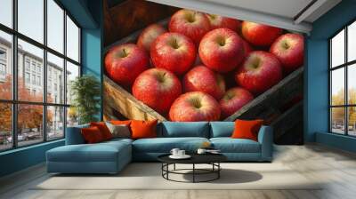 Fresh red apples in a rustic wooden Wall mural