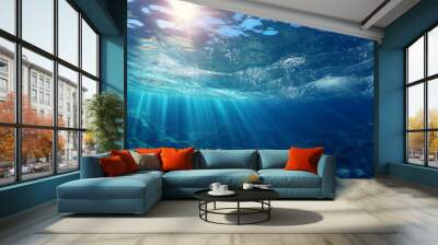 Illustration of sun rays shining through the clear blue ocean water Wall mural