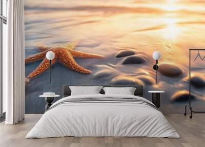 Starfish on wet beach sand at sunset Wall mural