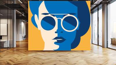 Fashion portrait of a model girl with sunglasses. Retro trendy colors poster or flyer. Wall mural