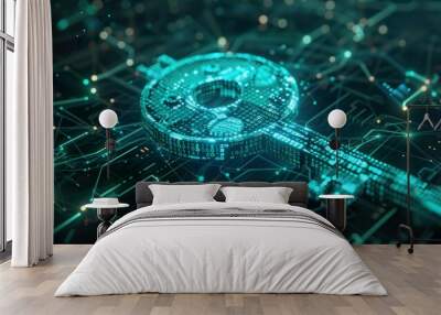 Glowing digital key with data patterns, representing cybersecurity, encryption, and secure information access Wall mural