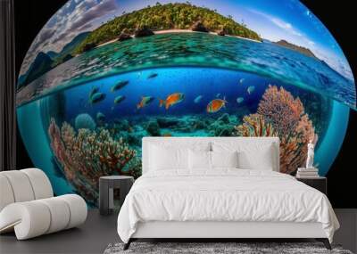 Colorful underwater coral reef in Philippines with fish and 360 view. Generative AI Wall mural