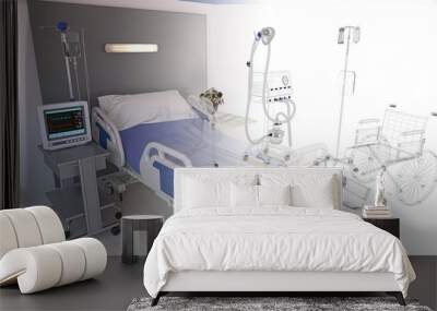 Empty hospital room with empty modenr bed with patient monitoring functions, in the background a wheelchair, 3d rendering, 3d illustration Wall mural