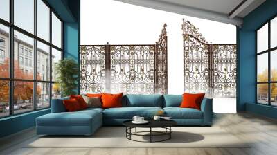 Luxurious open iron gate with fog, isolated on white, 3d rendering, 3d illustration  Wall mural