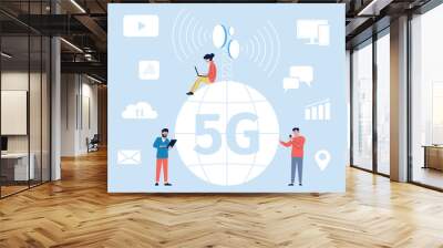 5g network connection concept. People and smart telecommunications, modern telecom technology. Wireless internet, recent business person work vector scene Wall mural