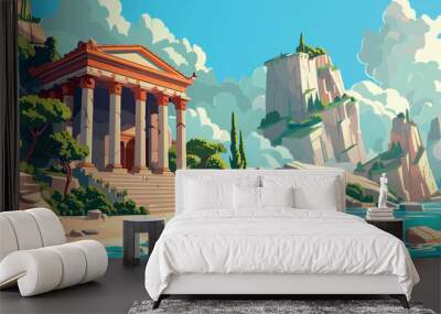 Ancient Greek Building on Beach Cartoon Game Background Coastal Ruins Historical Architecture Adventure Illustration Mediterranean Shoreline Classical Structure Wall mural