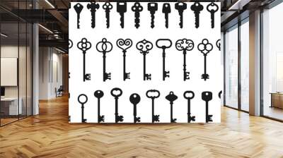 Antique key silhouettes. Medieval and modern keys, black vintage shapes set. Open door symbols, privacy and escape. Abstract tidy vector elements Wall mural