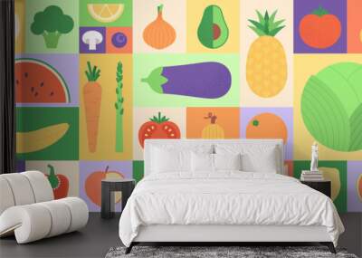 Bauhaus style fruits and vegetables. Cabbage lemon corn onion carrot watermelon and cucumber. Flat pineapple avocado tomato pepper, racy vector set Wall mural