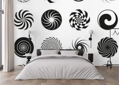 Black swirls and spirals simple graphic elements. Whirlwind isolated icons, spiral circular shapes. Swirling abstract hypnosis tidy vector design Wall mural