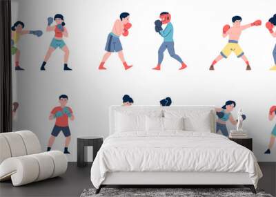 Boxing characters. People wear boxers gloves, fighting athletes. Sparring training, wrestling, boxer workout with sportler, recent vector set Wall mural