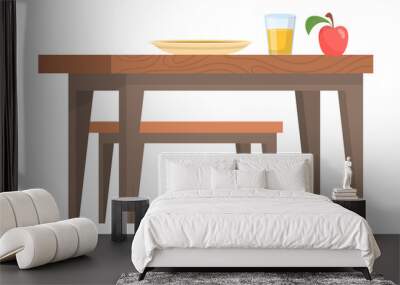 Breakfast icon. Wooden table with food in cartoon style Wall mural