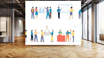 Builders characters. Workers and builder, technician architecture working. Cartoon people construction and discuss projects, architects recent vector set Wall mural