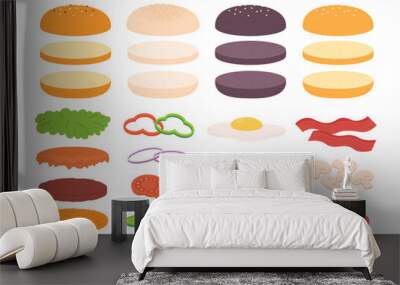 Burger ingredients. Burgers buns, cheese, vegetables and meat cutlet. Tasty sandwiches fresh sliced food. Sauces and bacon, racy vector clipart Wall mural