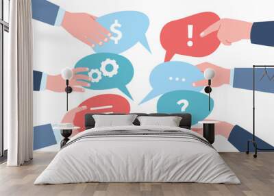 Business conversation abstract concept. Hand holding speech bubbles with different expression signs. Social media communication brainstorm recent vector scene Wall mural