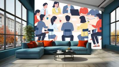 Business discussing at table. Company discussion, round desk congress conference. Student meetings, recent vector negotiations office scene Wall mural