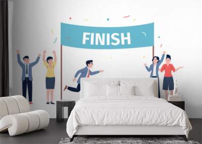 Businessman finished. Business winner, leader of office work team. Colleagues support in job, waiting and congratulation on finish, vector scene Wall mural